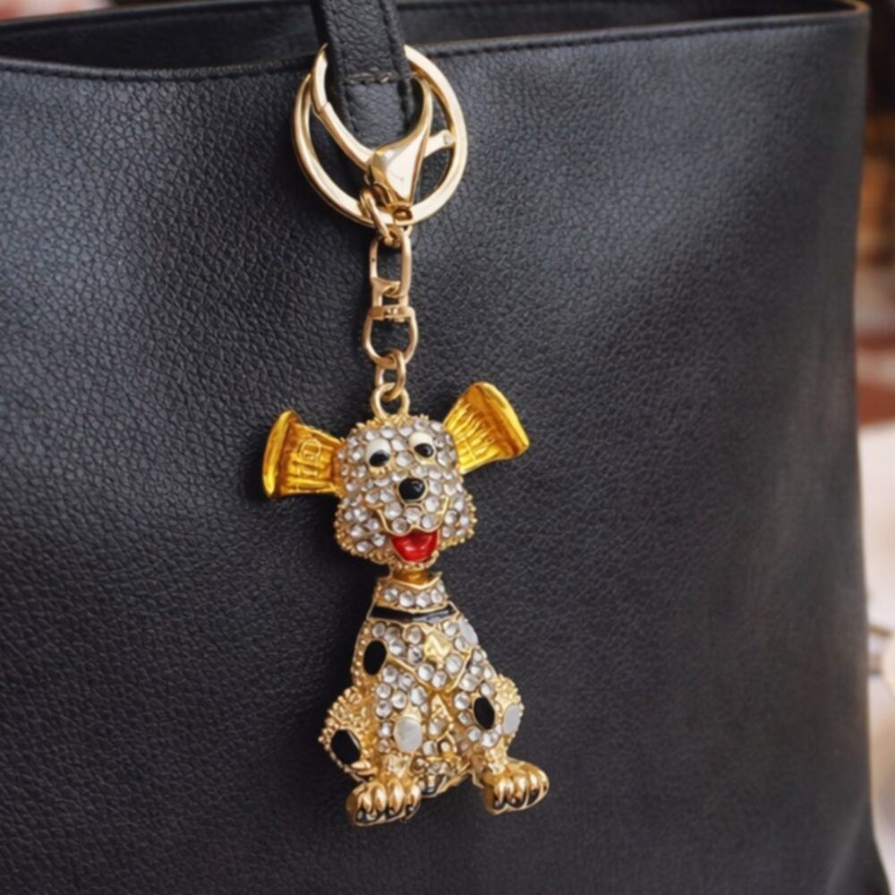 Dalmatian Dog Rhinestone Bag Charm Keychain Cartoon Style Long Ears Wobble Neck